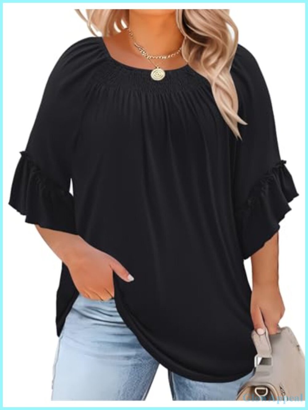 Womens Plus Size Top 3/4 Ruffle Bell Sleeve Pleated Crewneck Blouse Tunic